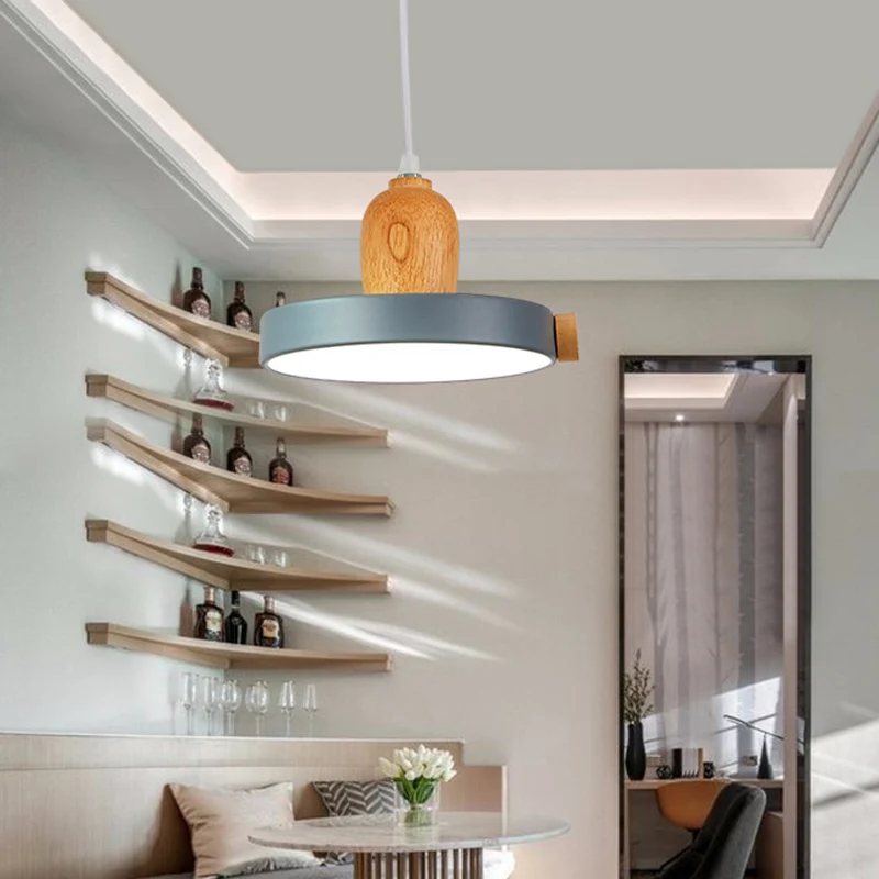 Metalen ronde hanglamp modernistische 1-lichts hanglamp met houten blad voor woonkamer Clearhalo