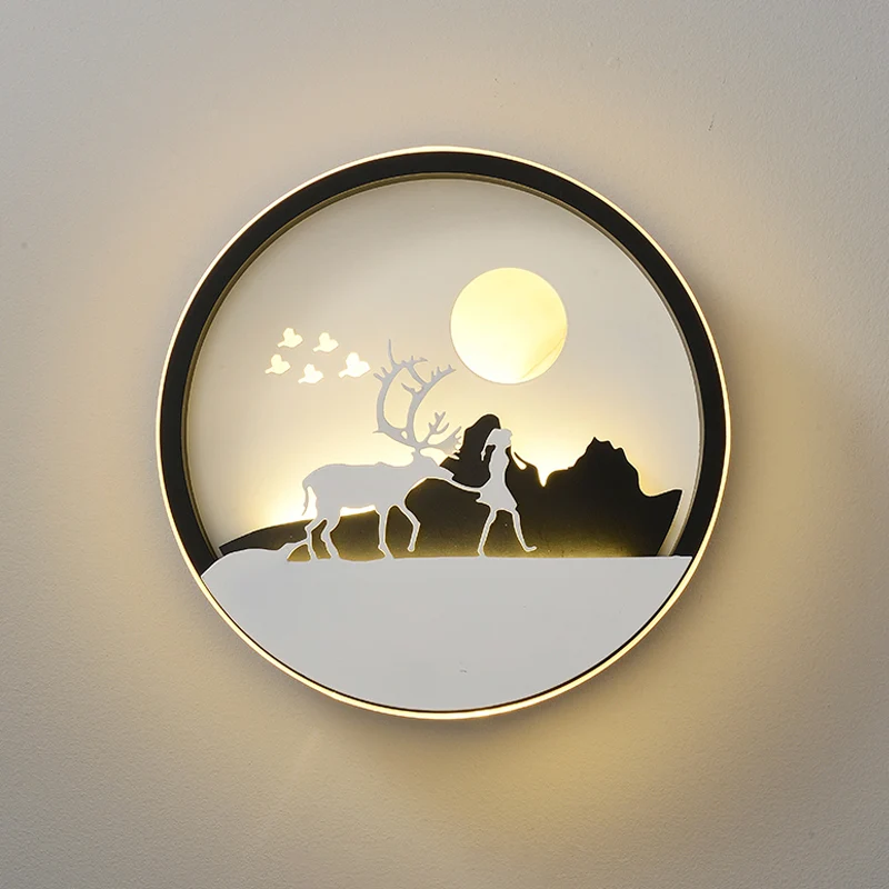 Metalen ronde wandverlichting idee modernistische LED zwarte wandlamp schans met herten en meisje/adelaar/windmolenontwerp...