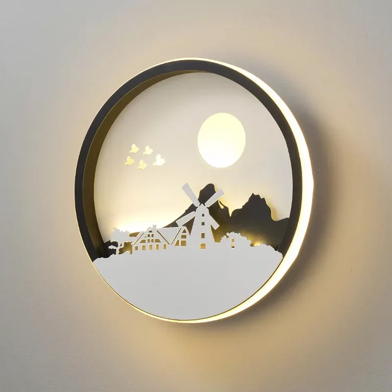 Metalen ronde wandverlichting idee modernistische LED zwarte wandlamp schans met herten en meisje/adelaar/windmolenontwerp...