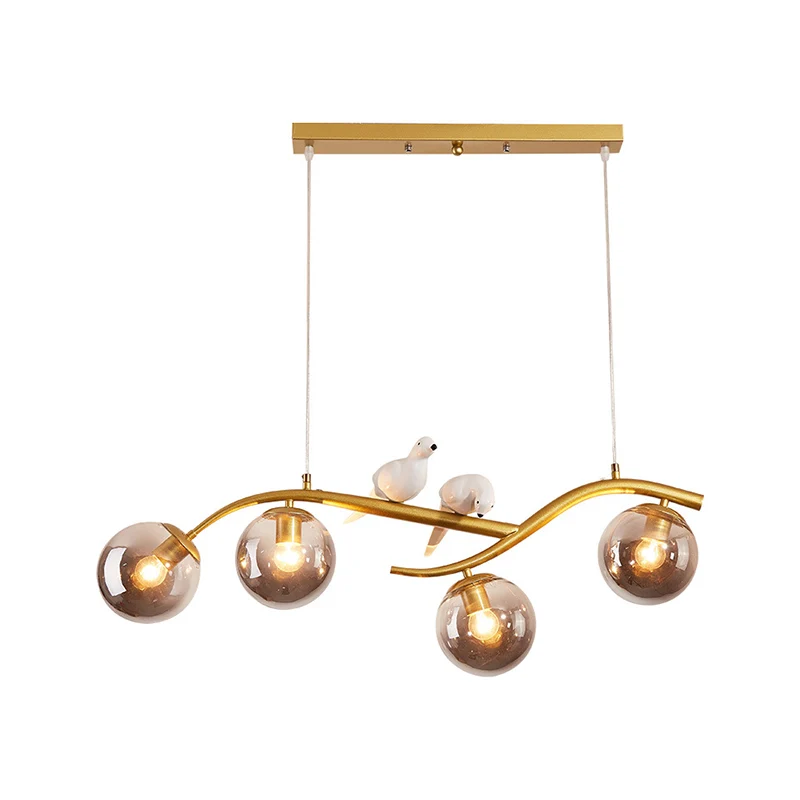 Metalen tak hanglamp eigentijds 4-lichts zwart/goud eilandhanger met vogeldeco en rookgrijs/cognac glazen kap Clearhalo