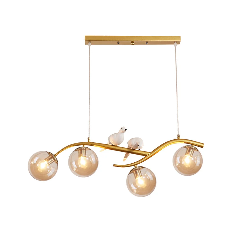 Metalen tak hanglamp eigentijds 4-lichts zwart/goud eilandhanger met vogeldeco en rookgrijs/cognac glazen kap Clearhalo