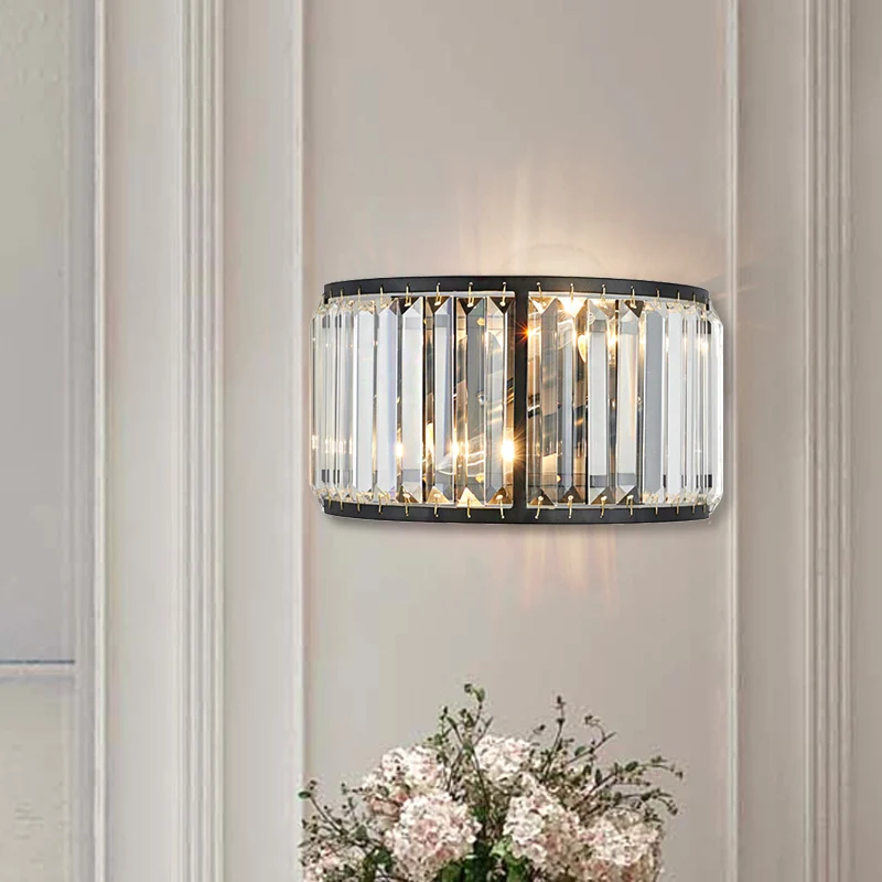 Metalen trommel wandmontage verlichting moderne stijl 2 lampen zwart/gouden wandkandelaar met helder kristallen blok Clear...