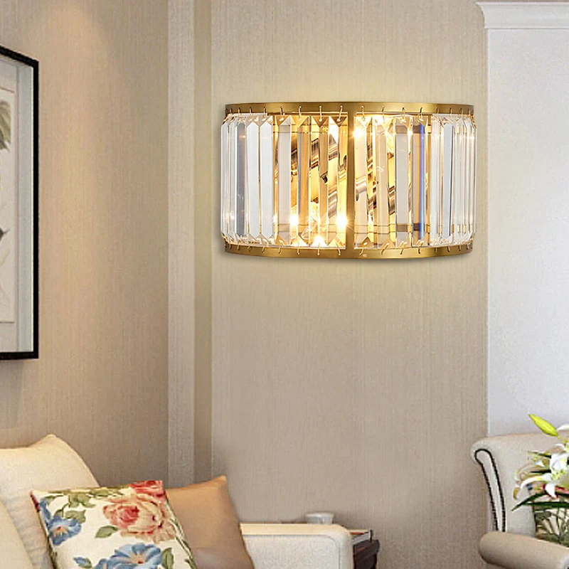 Metalen trommel wandmontage verlichting moderne stijl 2 lampen zwart/gouden wandkandelaar met helder kristallen blok Clear...
