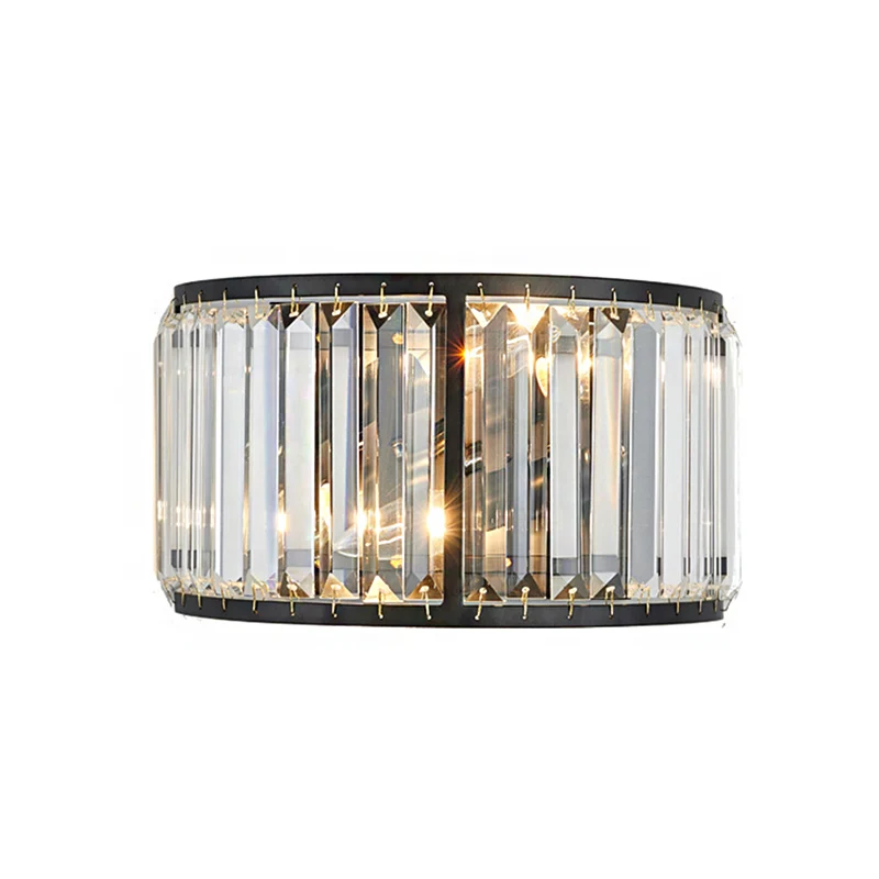 Metalen trommel wandmontage verlichting moderne stijl 2 lampen zwart/gouden wandkandelaar met helder kristallen blok Clear...