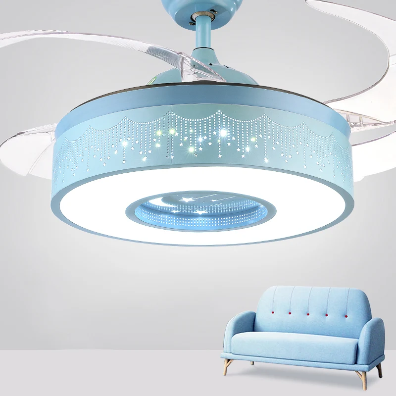 Metalen trommelvormige hangende ventilatorlamp Macaron LED semi-inbouw plafondlamp met afstandsbediening, 3-bladig Clearhalo