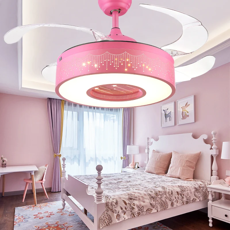 Metalen trommelvormige hangende ventilatorlamp Macaron LED semi-inbouw plafondlamp met afstandsbediening, 3-bladig Clearhalo