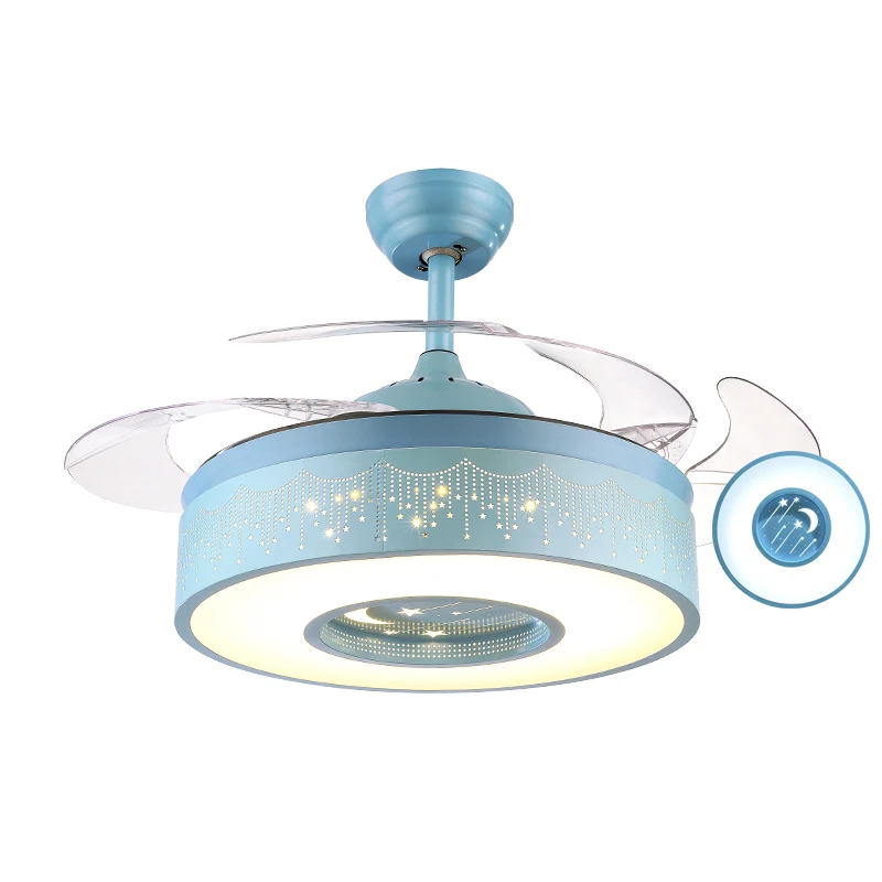 Metalen trommelvormige hangende ventilatorlamp Macaron LED semi-inbouw plafondlamp met afstandsbediening, 3-bladig Clearhalo