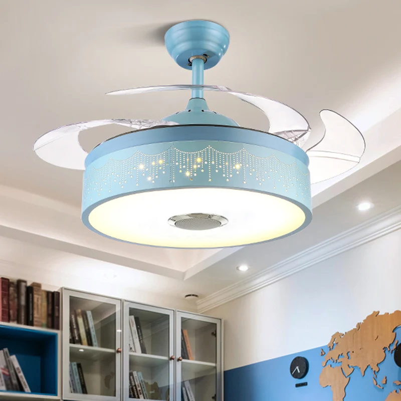 Metalen trommelvormige hangende ventilatorlamp Macaron LED semi-inbouw plafondlamp met afstandsbediening, 3-bladig Clearhalo