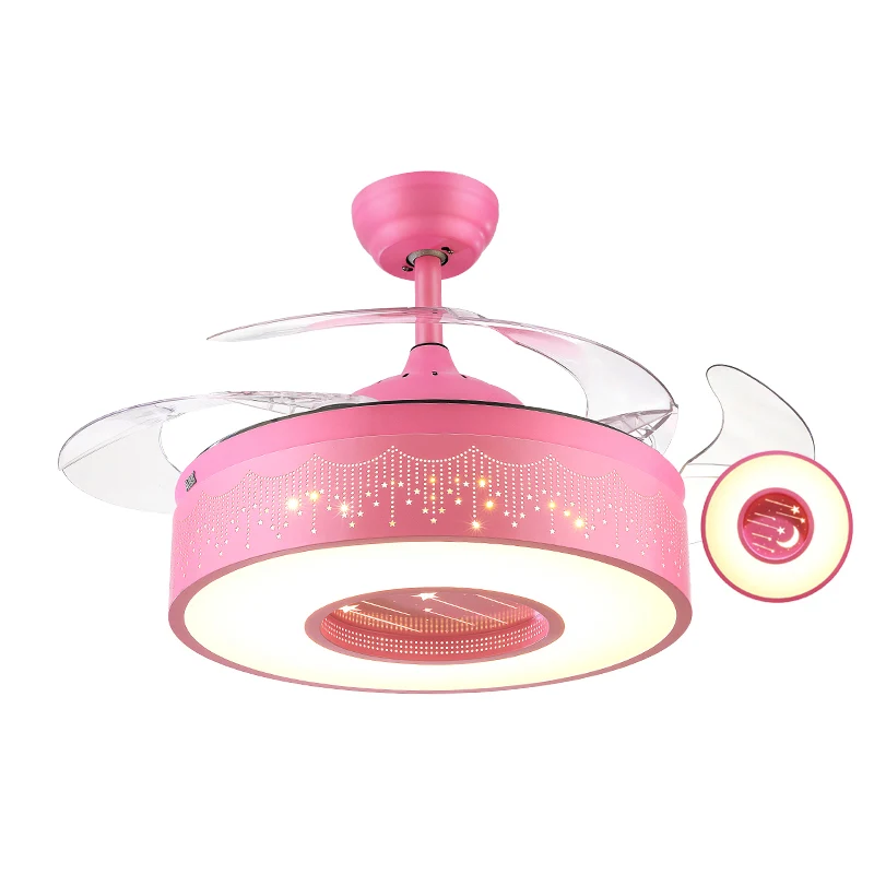 Metalen trommelvormige hangende ventilatorlamp Macaron LED semi-inbouw plafondlamp met afstandsbediening, 3-bladig Clearhalo