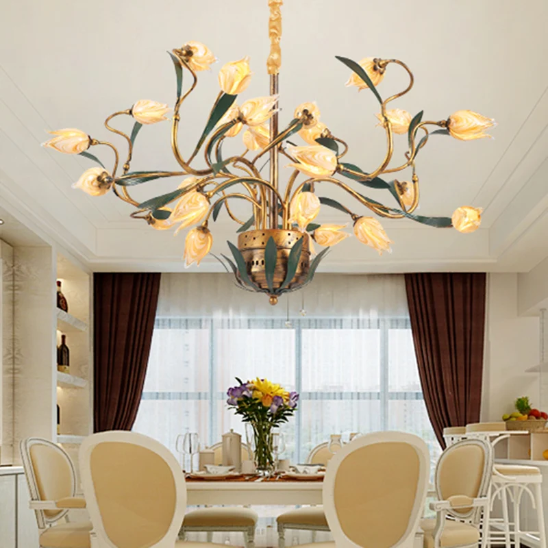 Metalen Tulp Kroonluchter Lichtpunt Amerikaanse Tuin 25 Lichten Eetkamer LED Plafondhanger Messing Clearhalo