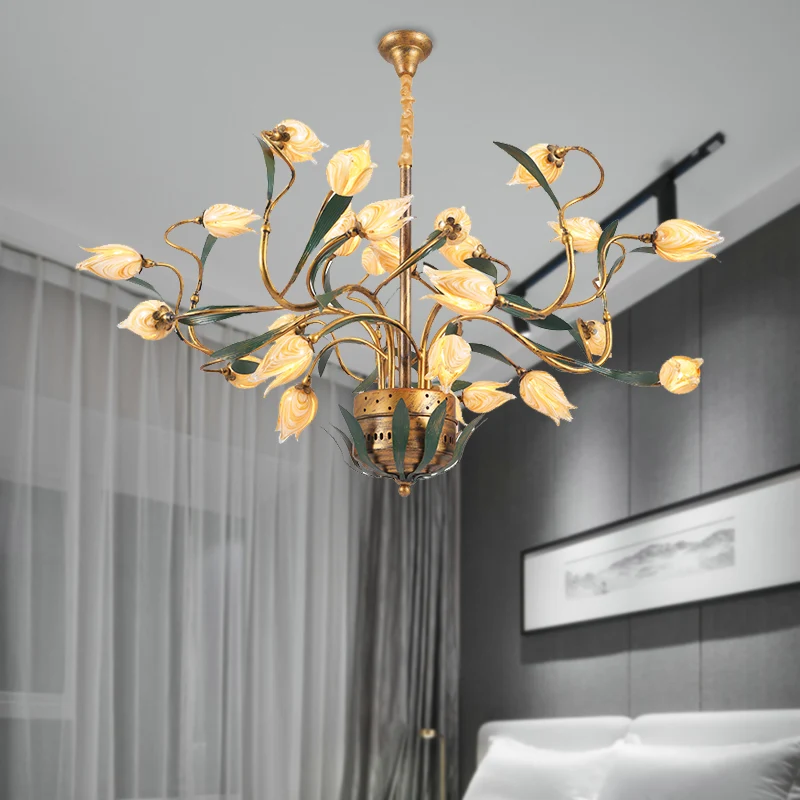 Metalen Tulp Kroonluchter Lichtpunt Amerikaanse Tuin 25 Lichten Eetkamer LED Plafondhanger Messing Clearhalo
