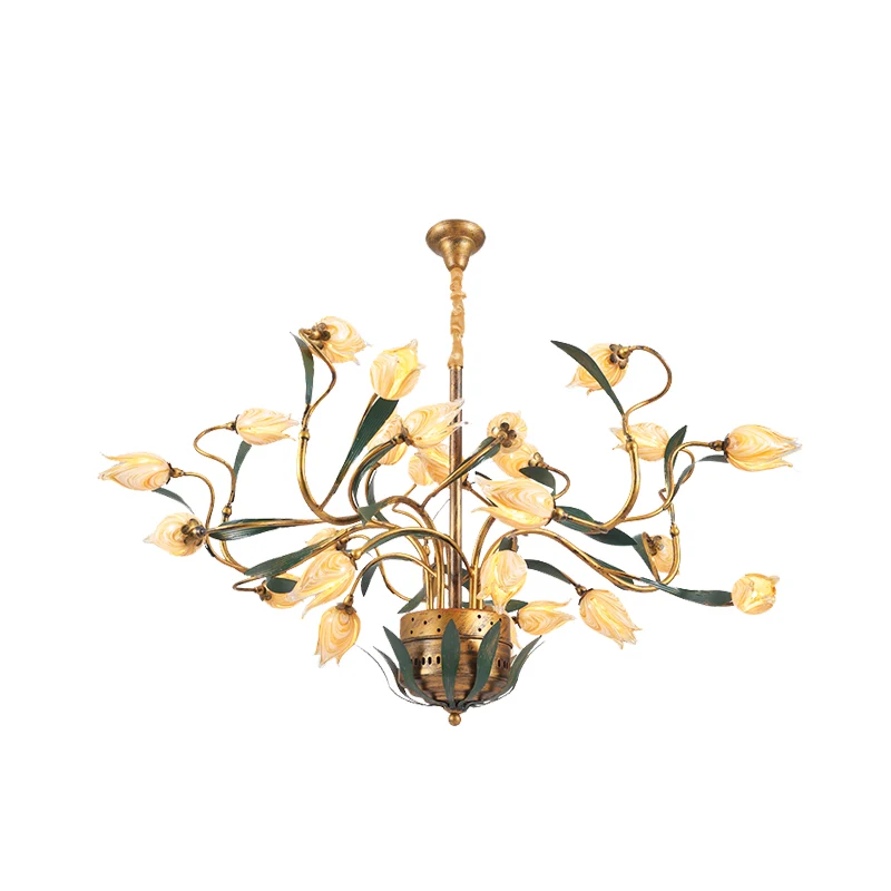 Metalen Tulp Kroonluchter Lichtpunt Amerikaanse Tuin 25 Lichten Eetkamer LED Plafondhanger Messing Clearhalo