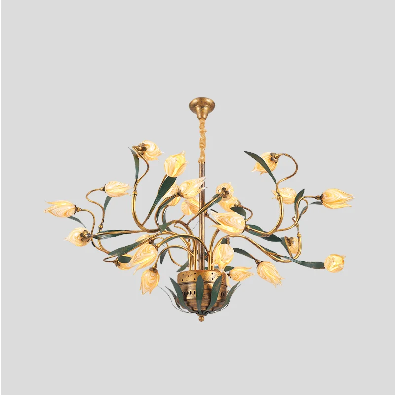 Metalen Tulp Kroonluchter Lichtpunt Amerikaanse Tuin 25 Lichten Eetkamer LED Plafondhanger Messing Clearhalo