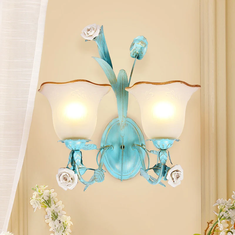 Metalen uitlopende wandlamp Koreaanse tuin 1/2 lichten slaapkamer Rose wandkandelaar verlichting blauw Clearhalo