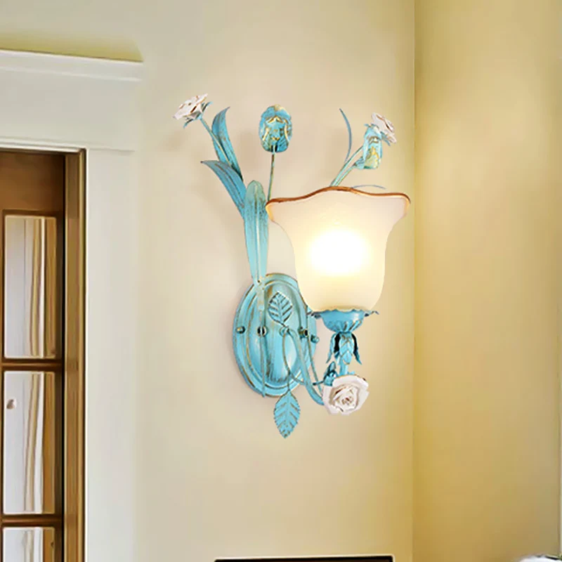 Metalen uitlopende wandlamp Koreaanse tuin 1/2 lichten slaapkamer Rose wandkandelaar verlichting blauw Clearhalo