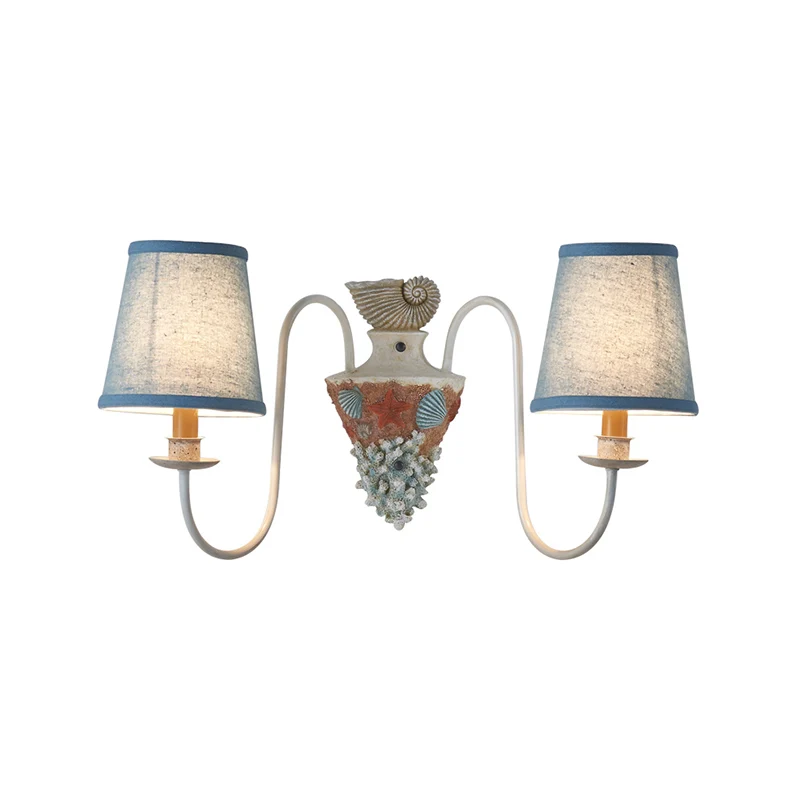 Metalen wandverlichting met 2 lampjes Landelijk blauw gebogen armatuur voor binnen, met taps toelopende stoffen kap Clearhalo