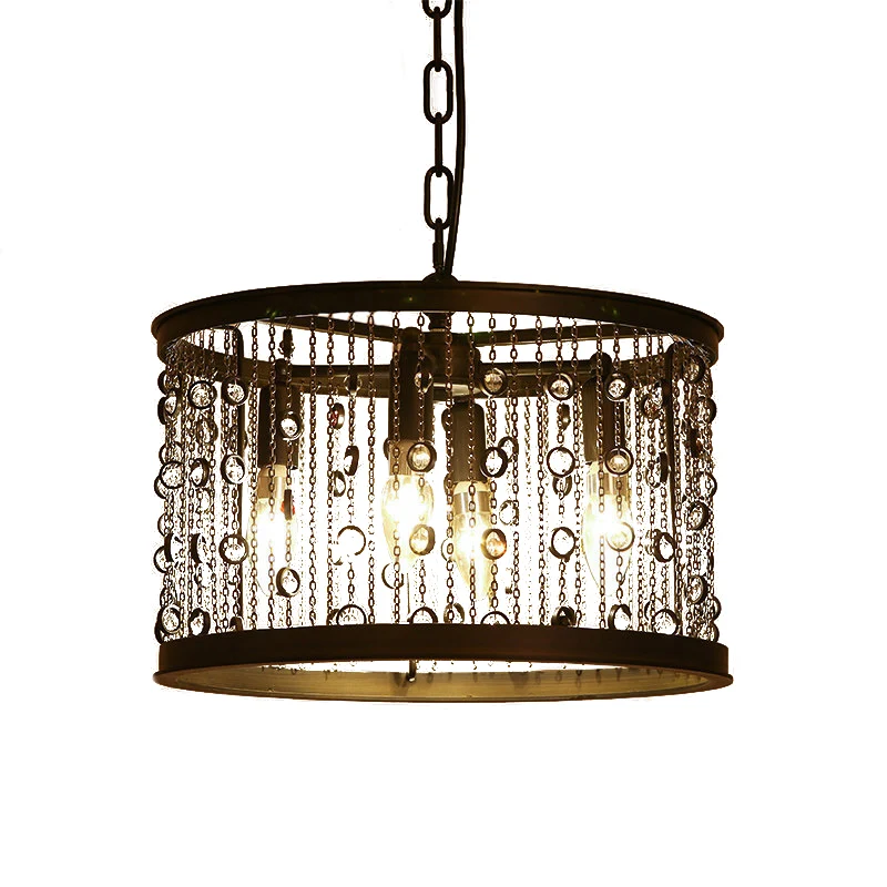 Metalen zwarte hanglamp Drum 4-lichts Rustieke kroonluchter Lichtarmatuur voor eetkamer met kristallen kralenstrengen Clea...