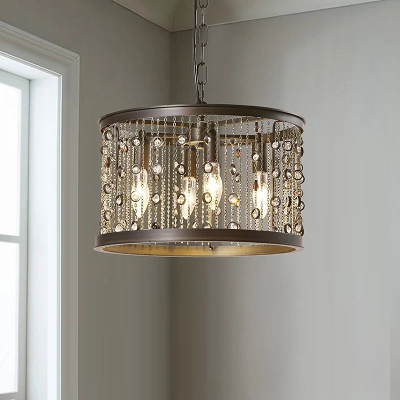 Metalen zwarte hanglamp Drum 4-lichts Rustieke kroonluchter Lichtarmatuur voor eetkamer met kristallen kralenstrengen Clea...