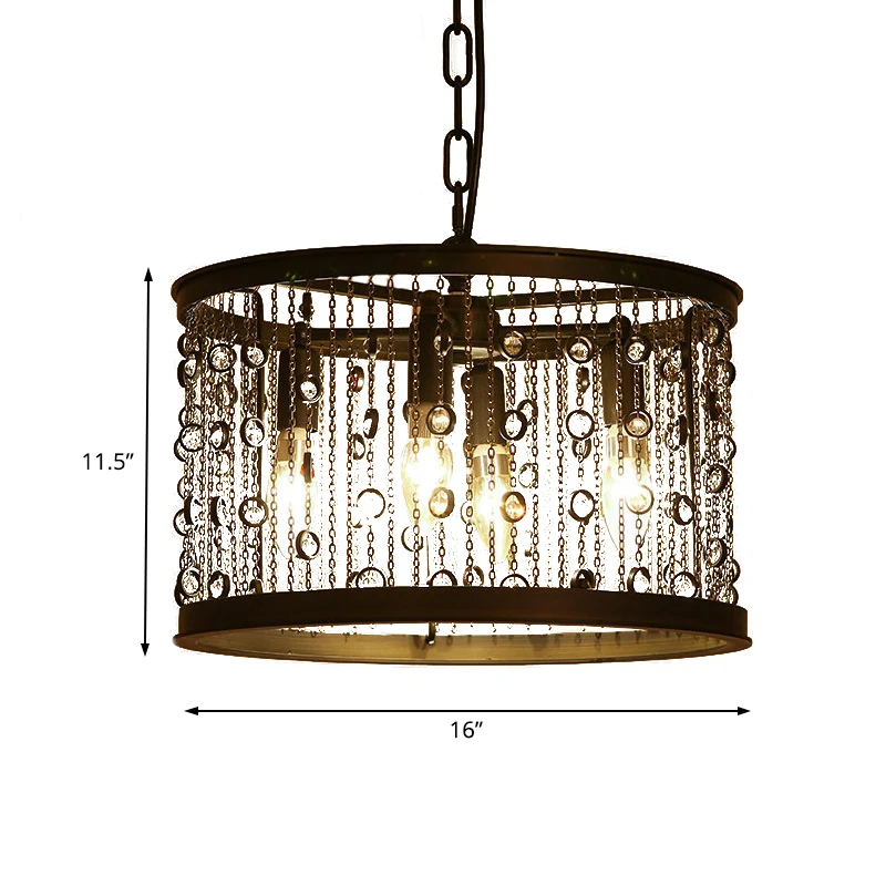 Metalen zwarte hanglamp Drum 4-lichts Rustieke kroonluchter Lichtarmatuur voor eetkamer met kristallen kralenstrengen Clea...