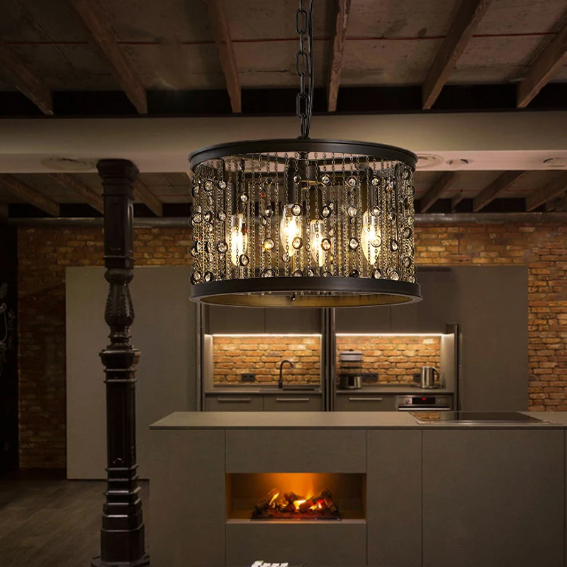 Metalen zwarte hanglamp Drum 4-lichts Rustieke kroonluchter Lichtarmatuur voor eetkamer met kristallen kralenstrengen Clea...