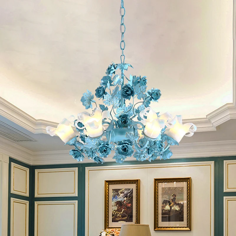 Metalen zwenkarm hanglamp Koreaanse tuin 3/6 lampen slaapkamerkroonluchter met blauwe bloem en blad Clearhalo