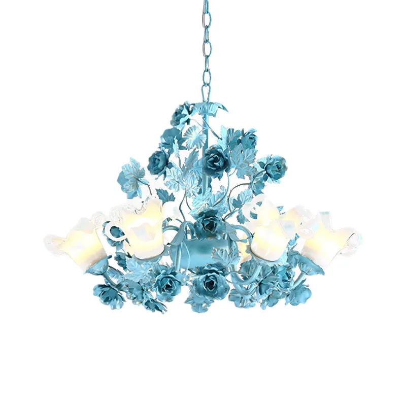 Metalen zwenkarm hanglamp Koreaanse tuin 3/6 lampen slaapkamerkroonluchter met blauwe bloem en blad Clearhalo