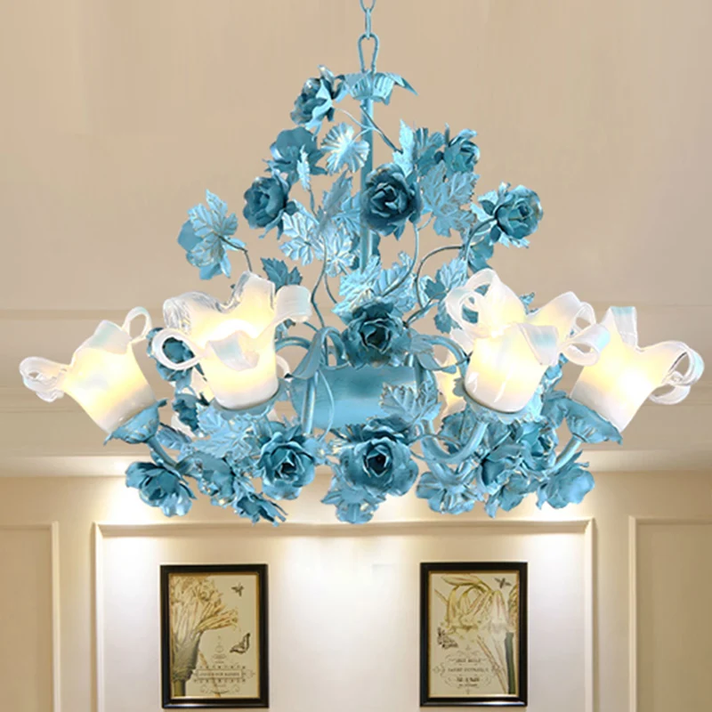 Metalen zwenkarm hanglamp Koreaanse tuin 3/6 lampen slaapkamerkroonluchter met blauwe bloem en blad Clearhalo
