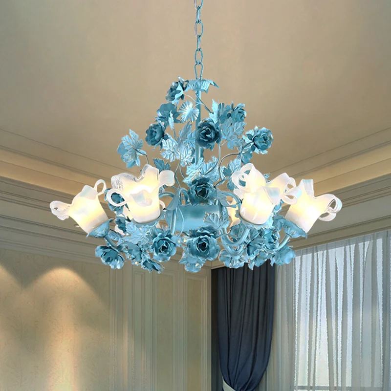 Metalen zwenkarm hanglamp Koreaanse tuin 3/6 lampen slaapkamerkroonluchter met blauwe bloem en blad Clearhalo