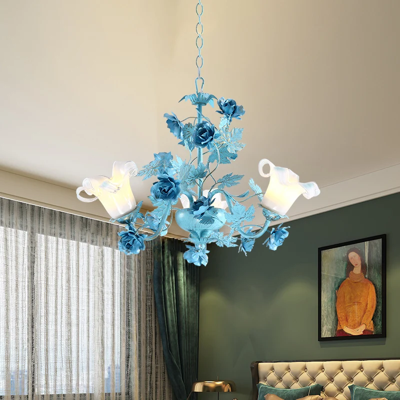 Metalen zwenkarm hanglamp Koreaanse tuin 3/6 lampen slaapkamerkroonluchter met blauwe bloem en blad Clearhalo