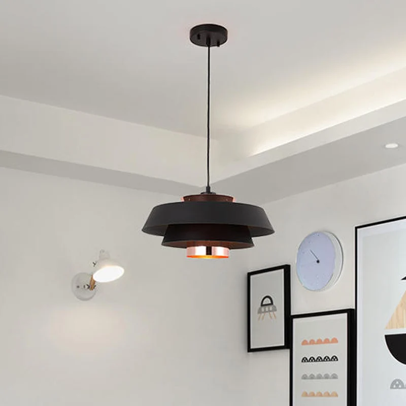 Metallic 3-laags ronde hangende hanglamp, moderne zwart/wit en roségouden LED-plafondlamp Clearhalo