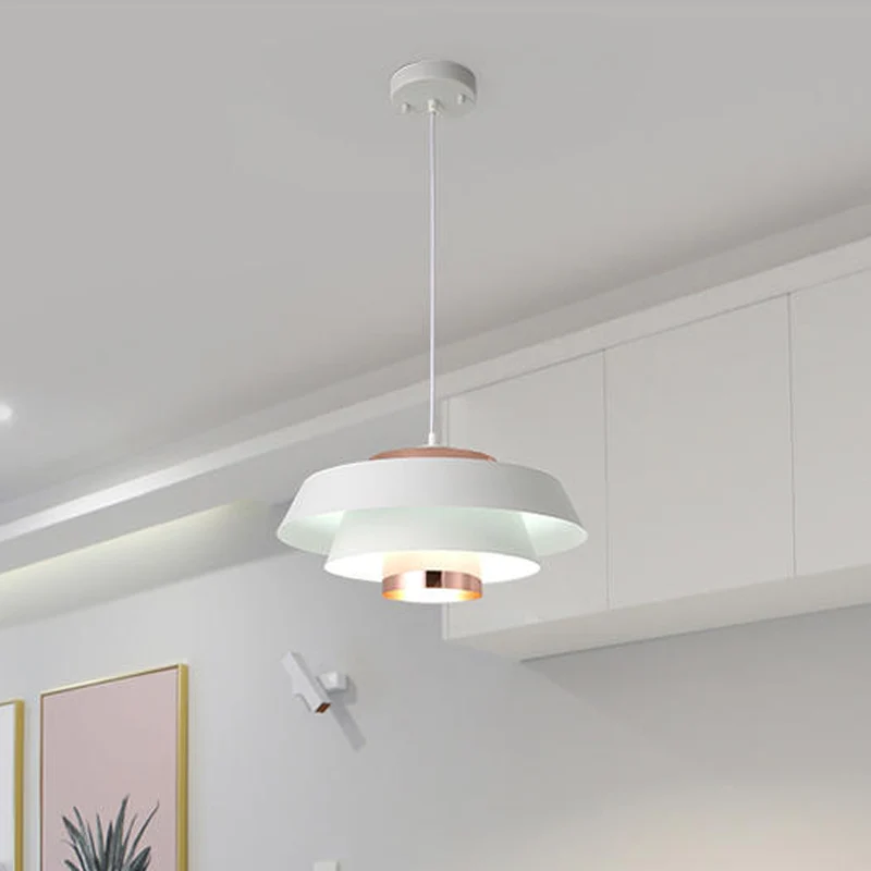 Metallic 3-laags ronde hangende hanglamp, moderne zwart/wit en roségouden LED-plafondlamp Clearhalo