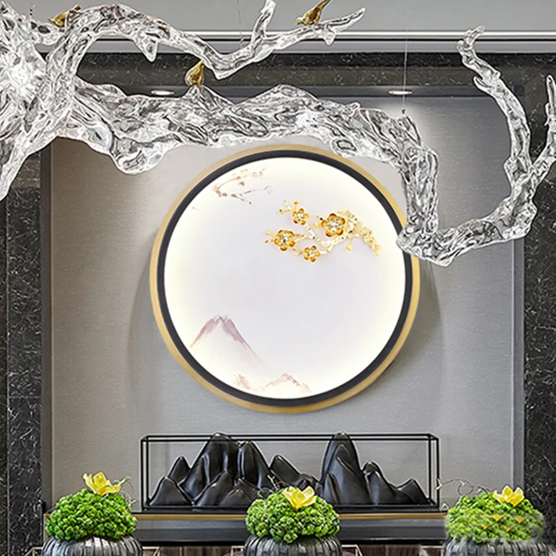 Metallic afgeronde pruimenbloesem wandverlichting Oosterse LED-muurschilderlamp goud voor gang Clearhalo
