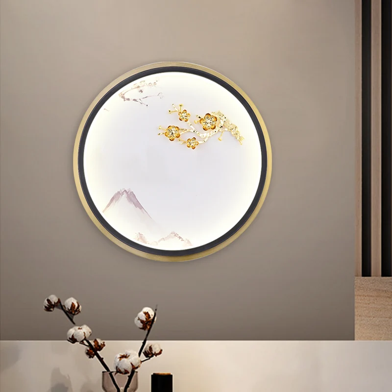 Metallic afgeronde pruimenbloesem wandverlichting Oosterse LED-muurschilderlamp goud voor gang Clearhalo