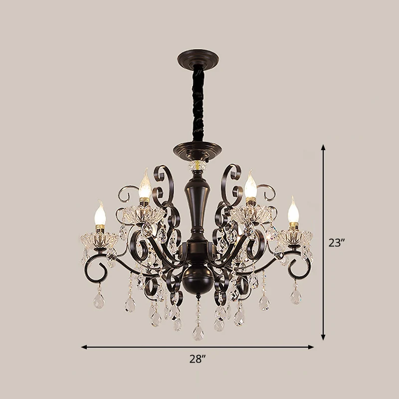 Metallic Kaars Hanglamp Kit Minimalisme 6/8 Lampen Zwarte Kroonluchter met Kristallen Strengen en Ronde Arm Clearhalo