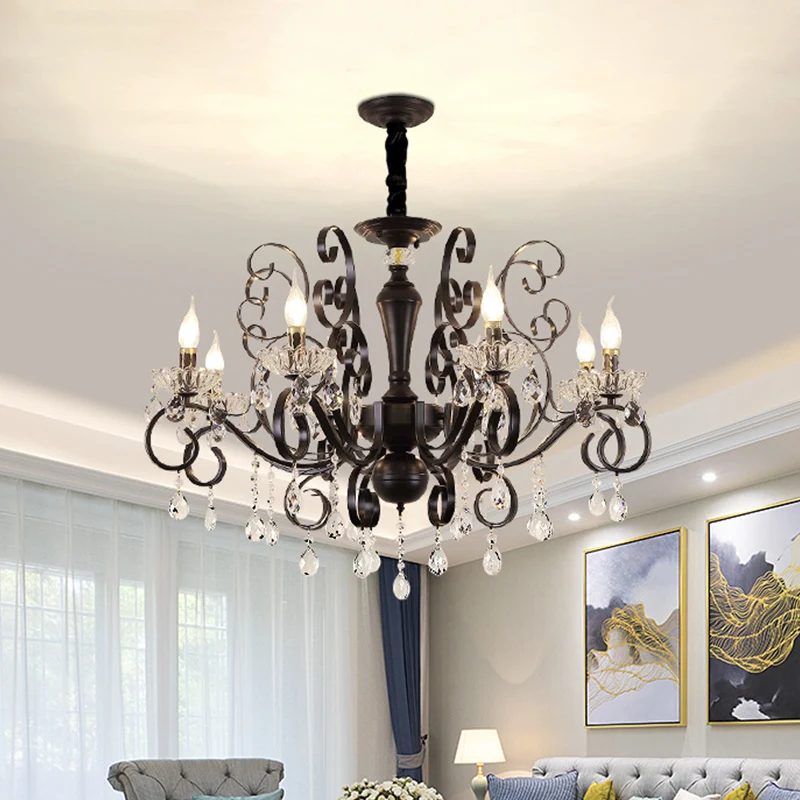Metallic Kaars Hanglamp Kit Minimalisme 6/8 Lampen Zwarte Kroonluchter met Kristallen Strengen en Ronde Arm Clearhalo