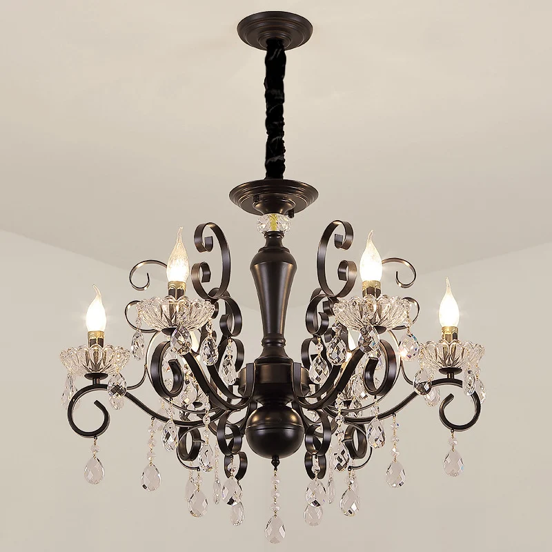 Metallic Kaars Hanglamp Kit Minimalisme 6/8 Lampen Zwarte Kroonluchter met Kristallen Strengen en Ronde Arm Clearhalo
