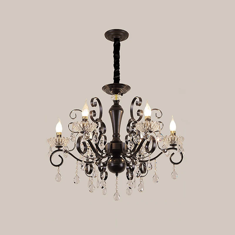Metallic Kaars Hanglamp Kit Minimalisme 6/8 Lampen Zwarte Kroonluchter met Kristallen Strengen en Ronde Arm Clearhalo