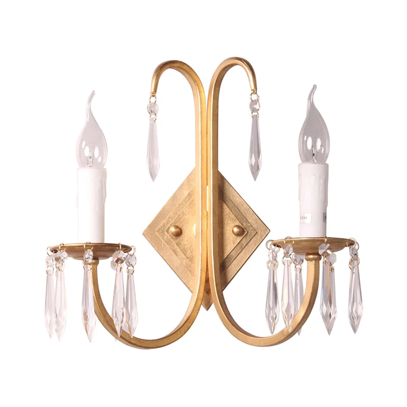 Metallic kaarsstijl wandverlichtingsarmatuur Rustiek 2-lichts eetkamerkandelaar goud met kristallen druppel Clearhalo