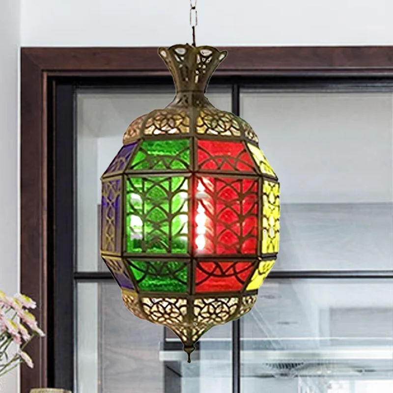 Metallic lantaarn hanglamp vintage 1-lichts balkon hangend plafondverlichting rood Clearhalo