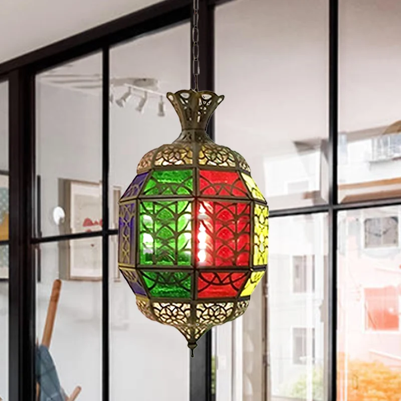 Metallic lantaarn hanglamp vintage 1-lichts balkon hangend plafondverlichting rood Clearhalo