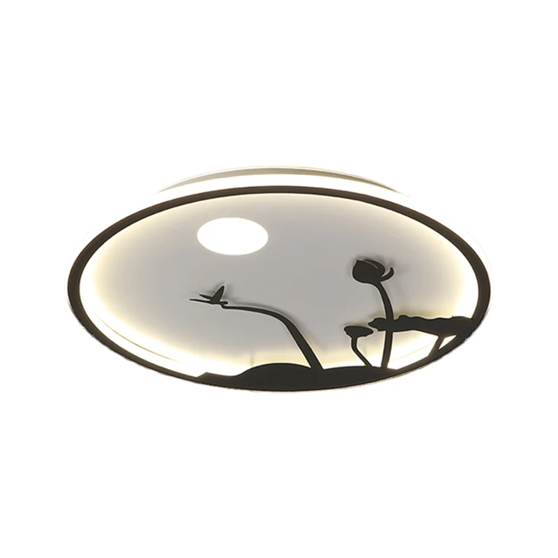 Metallic ronde wandlamp Aziatische stijl LED-muurschilderinglamp met maan- en vogel-/lotuspatroon zwart Clearhalo
