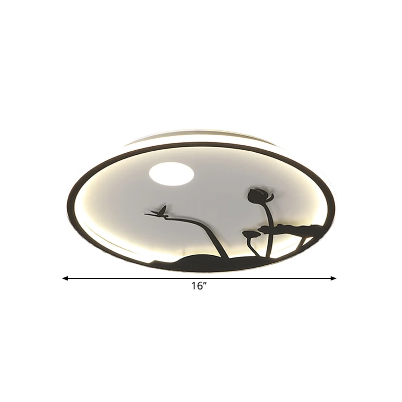 Metallic ronde wandlamp Aziatische stijl LED-muurschilderinglamp met maan- en vogel-/lotuspatroon zwart Clearhalo
