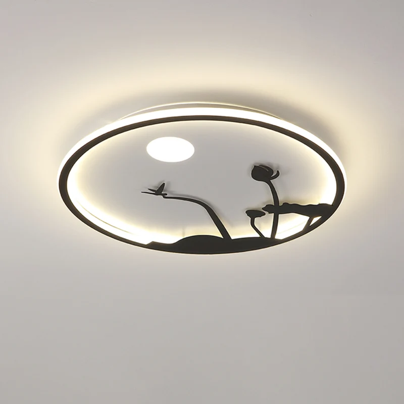 Metallic ronde wandlamp Aziatische stijl LED-muurschilderinglamp met maan- en vogel-/lotuspatroon zwart Clearhalo