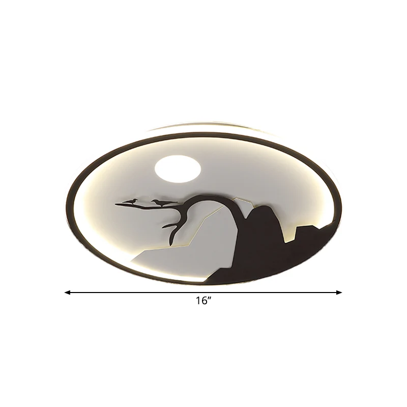 Metallic ronde wandlamp Aziatische stijl LED-muurschilderinglamp met maan- en vogel-/lotuspatroon zwart Clearhalo