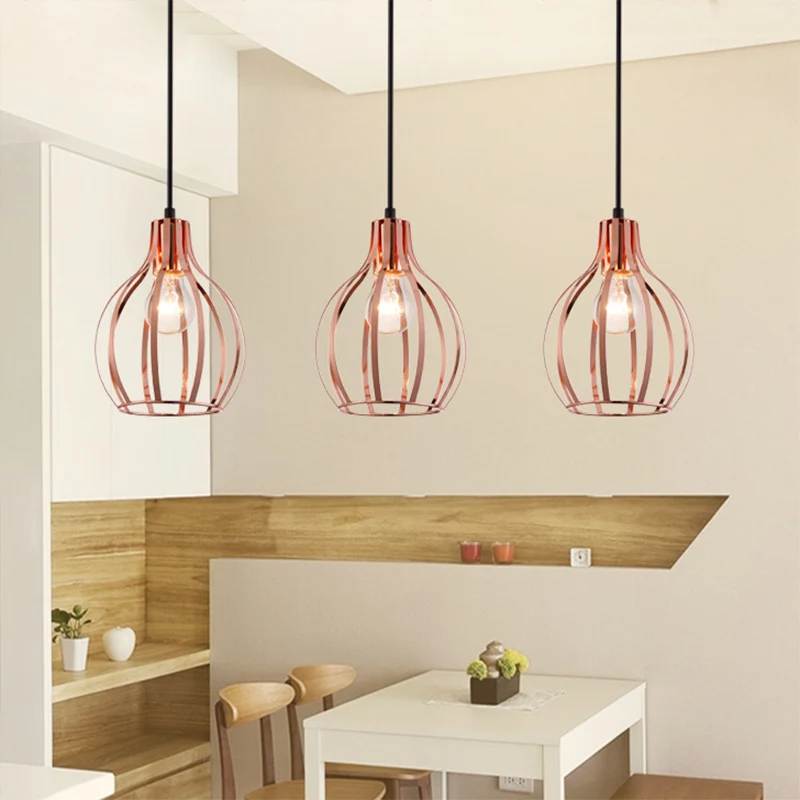 Metallic roségouden hanglamp Global Cage Shade 3-lichts plafondlamp industriële stijl met ronde/lineaire luifel Clearhalo