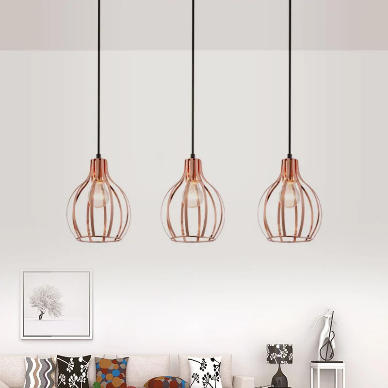 Metallic roségouden hanglamp Global Cage Shade 3-lichts plafondlamp industriële stijl met ronde/lineaire luifel Clearhalo