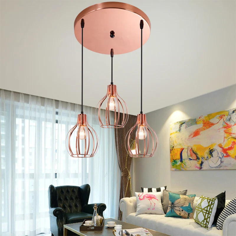 Metallic roségouden hanglamp Global Cage Shade 3-lichts plafondlamp industriële stijl met ronde/lineaire luifel Clearhalo