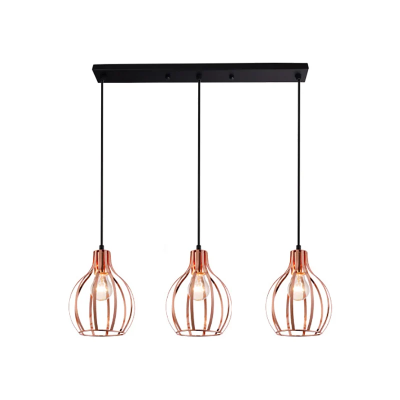 Metallic roségouden hanglamp Global Cage Shade 3-lichts plafondlamp industriële stijl met ronde/lineaire luifel Clearhalo