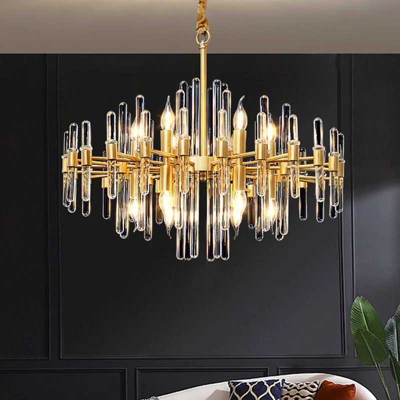 Metallic stralende kroonluchterverlichting Minimalistische gouden hanglamp met kristallen staafdecor Clearhalo