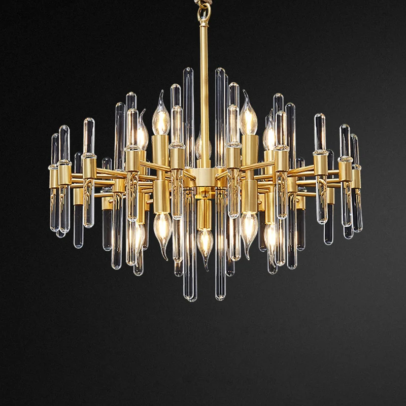 Metallic stralende kroonluchterverlichting Minimalistische gouden hanglamp met kristallen staafdecor Clearhalo